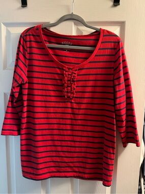 Riders by Lee Red and Navy Striped Scoop-Neck Button Placket Top